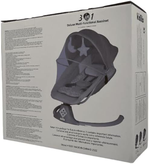 Transat bébé multifonctionnel Kidilo Elegant Grey 3-en-1 Deluxe – Mouvement latéral, siège inclinable, capote avec moustiquaire, connectivité Bluetooth, télécommande, 15 mélodies apaisantes