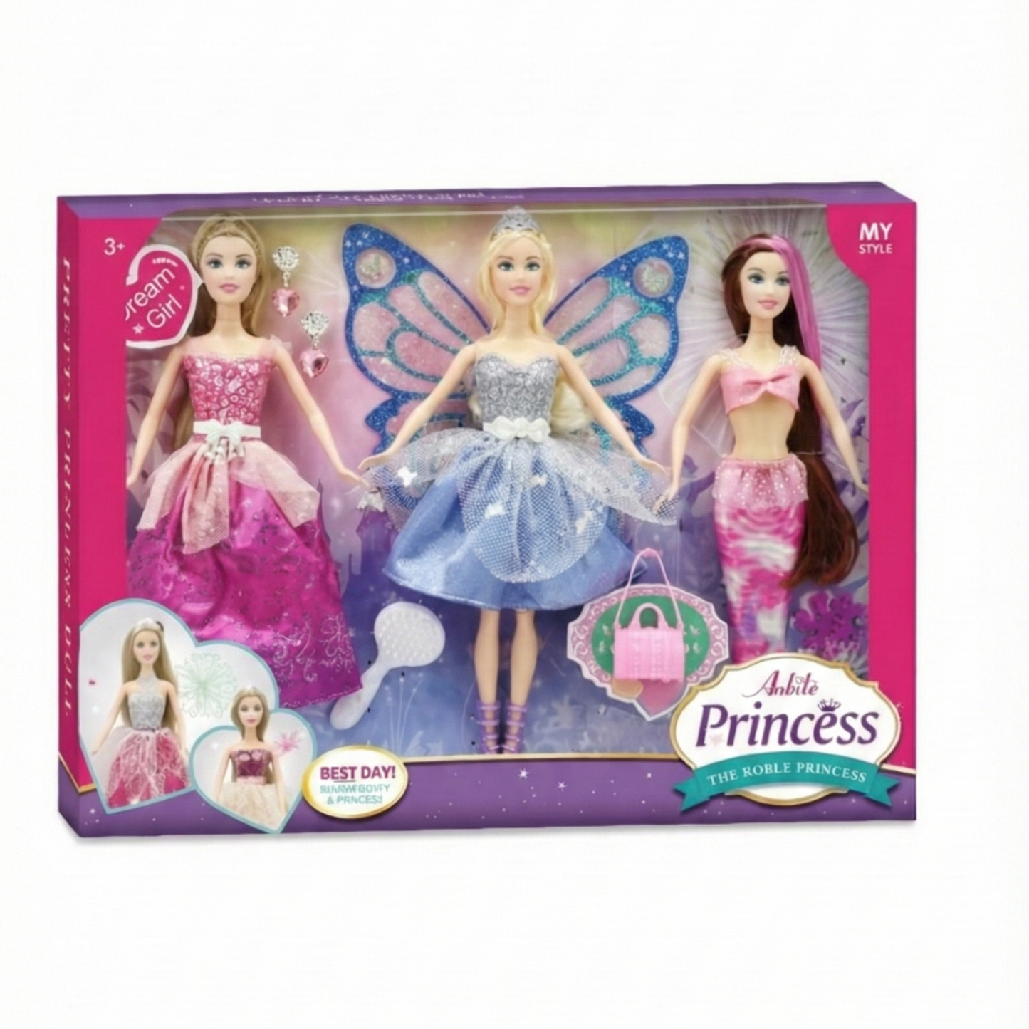 Coffret de 3 Poupées Princesse Dream Girl – Princesse, Fée Papillon et Sirène avec Accessoires