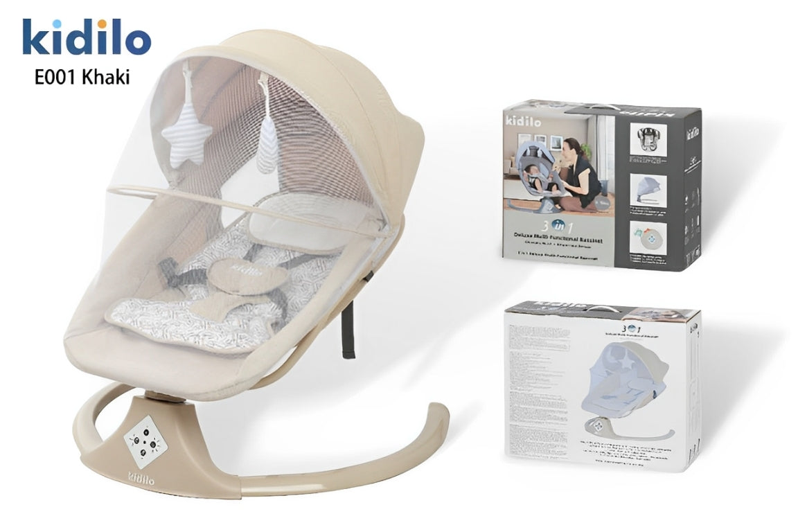 Transat bébé multifonctionnel Kidilo Elegant biege 3-en-1 Deluxe – Mouvement latéral, siège inclinable, capote avec moustiquaire, connectivité Bluetooth, télécommande, 15 mélodies apaisantes