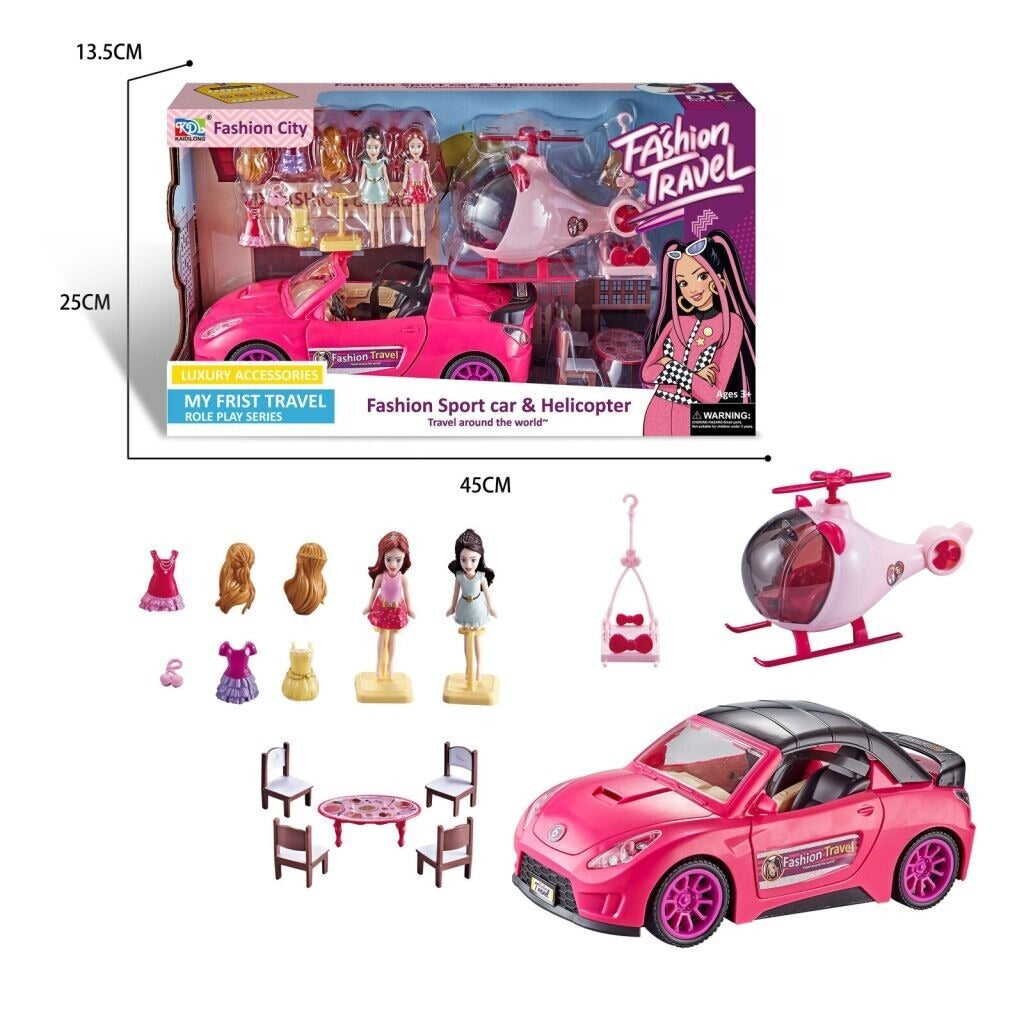 Coffret "Fashion Travel" Deluxe – Voiture de Sport, Hélicoptère et Poupées Mannequins
