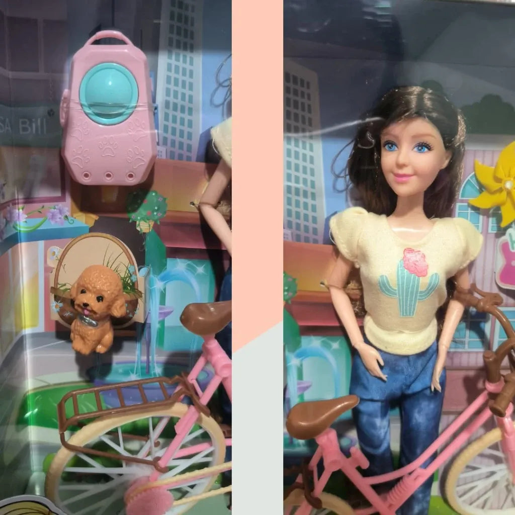 Poupée de beauté avec vélo et animal de compagnie