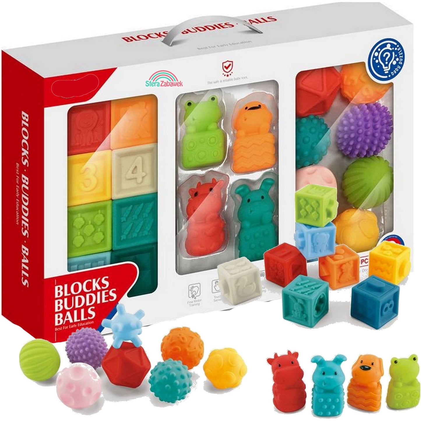 Coffret Éveil Bébé Blocs, Animaux et Balles Sensoriels – 20 Pièces