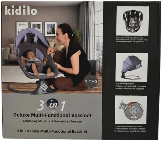 Transat bébé multifonctionnel Kidilo Elegant Grey 3-en-1 Deluxe – Mouvement latéral, siège inclinable, capote avec moustiquaire, connectivité Bluetooth, télécommande, 15 mélodies apaisantes