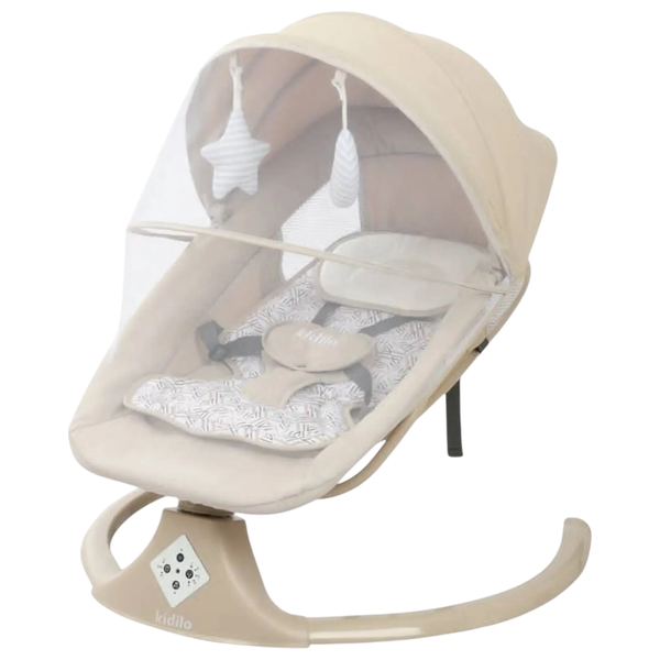 Transat bébé multifonctionnel Kidilo Elegant biege 3-en-1 Deluxe – Mouvement latéral, siège inclinable, capote avec moustiquaire, connectivité Bluetooth, télécommande, 15 mélodies apaisantes