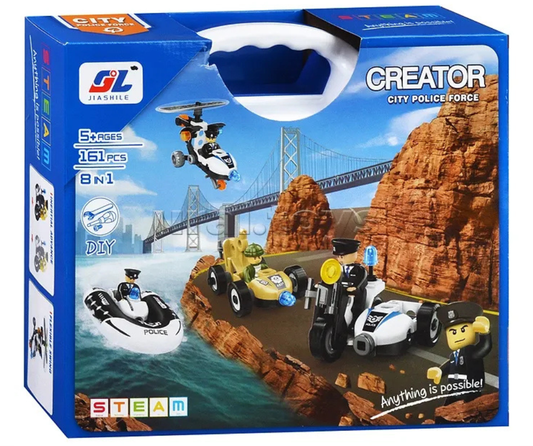 Jeu de construction de véhicules de police (161 pièces) en boîte
