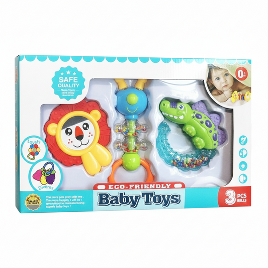Coffret d'Éveil Premier Âge – Set de 3 Hochets et Anneaux de Dentition Multi-Sensoriels