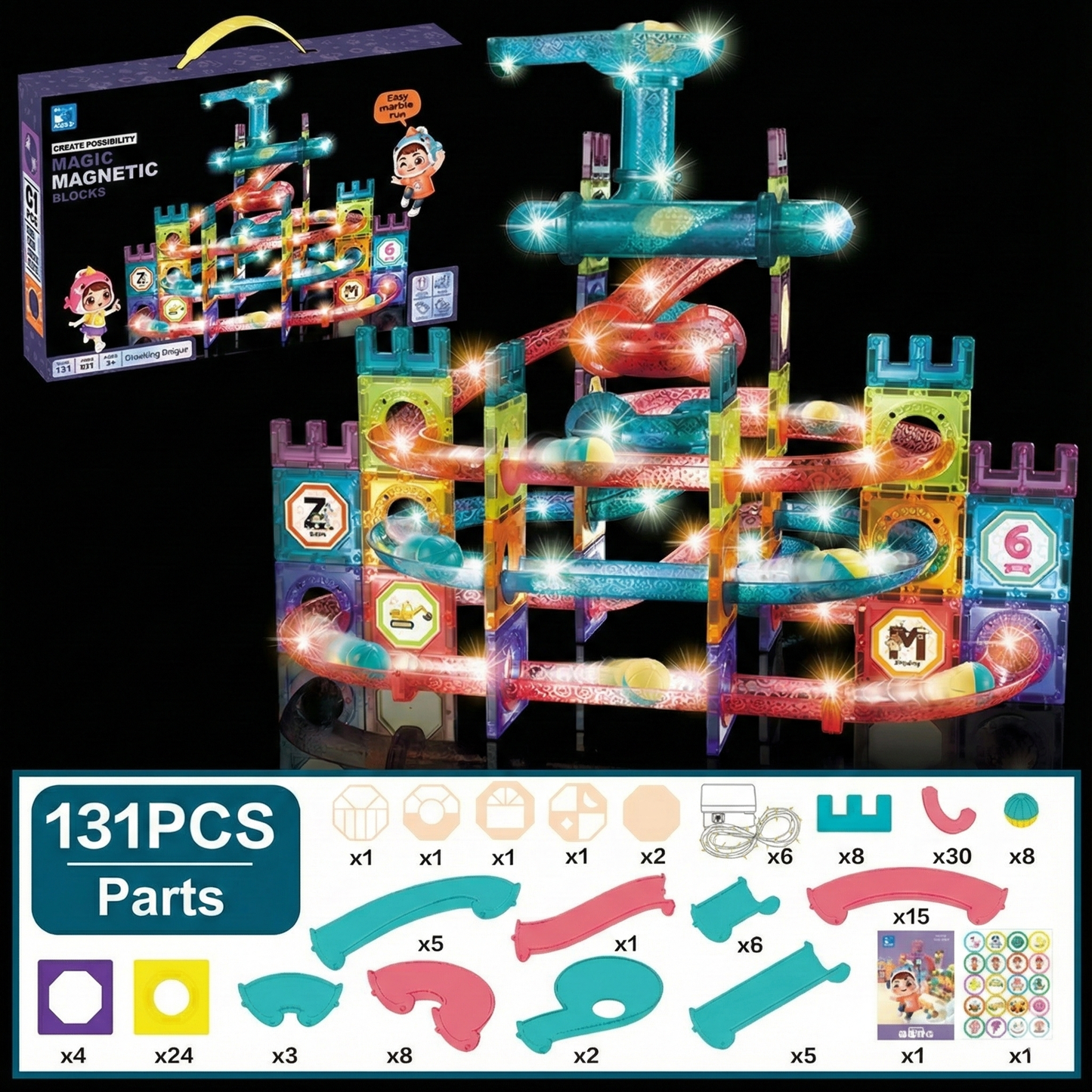 Grand Circuit à Billes Magnétique &amp; Lumineux – 131 Pièces (Jeu de Construction 3D Éducatif)