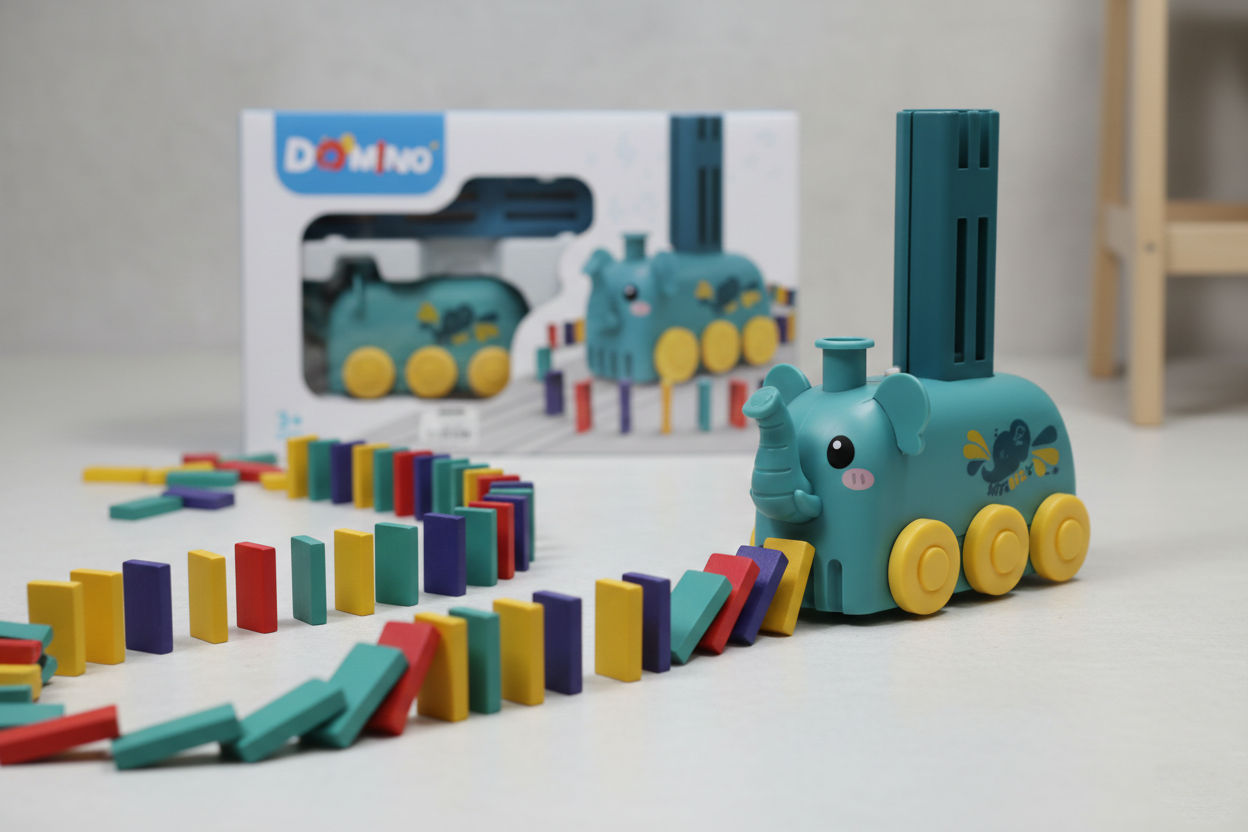 Train Éléphant Automatique Poseur de Dominos – Kit de Jeu Musical et Lumineux pour Enfants