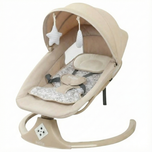 Transat bébé multifonctionnel Kidilo Elegant biege 3-en-1 Deluxe – Mouvement latéral, siège inclinable, capote avec moustiquaire, connectivité Bluetooth, télécommande, 15 mélodies apaisantes