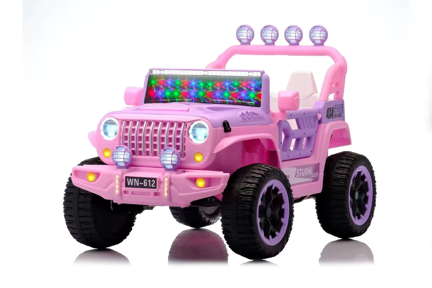 Voiture Électrique Jeep 4x4 2 Places 12V pour Enfants – 4 Moteurs, Télécommande Parentale & Mode Balançoire | 1 à 10 Ans Rose