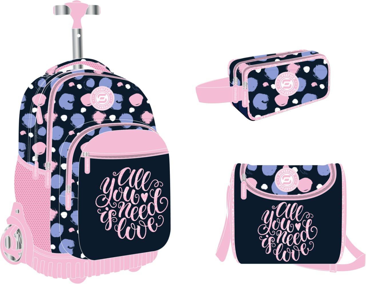 Cartable a roulettes SUPERPACK all you need is love 3pcs