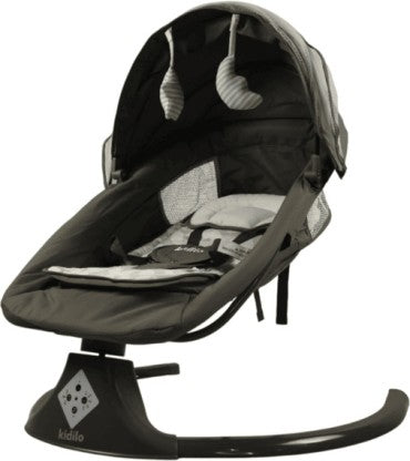 Transat bébé multifonctionnel Kidilo Elegant Grey 3-en-1 Deluxe – Mouvement latéral, siège inclinable, capote avec moustiquaire, connectivité Bluetooth, télécommande, 15 mélodies apaisantes