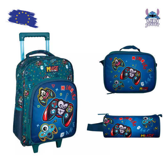 Coffret scolaire Must Team Game Monster avec sac à dos à roulettes, déjeuner et étui