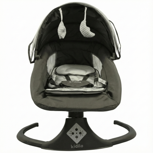 Transat bébé multifonctionnel Kidilo Elegant Grey 3-en-1 Deluxe – Mouvement latéral, siège inclinable, capote avec moustiquaire, connectivité Bluetooth, télécommande, 15 mélodies apaisantes