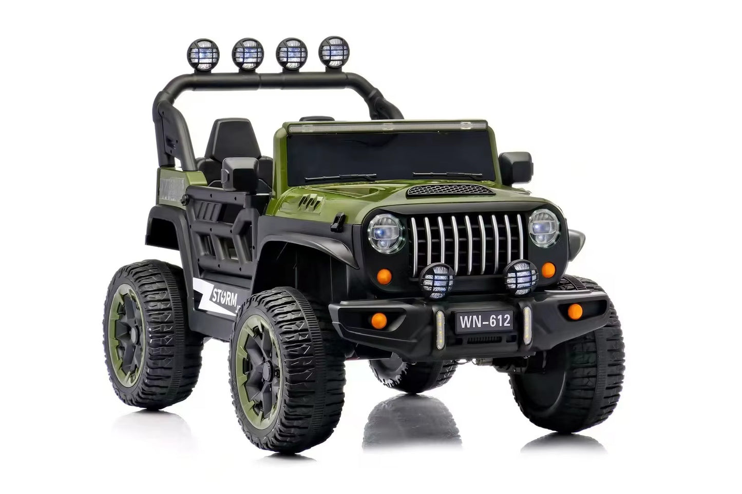 Voiture Électrique Jeep 4x4 2 Places 12V pour Enfants – 4 Moteurs, Télécommande Parentale & Mode Balançoire | 1 à 10 Ans Vert