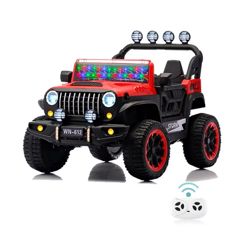 Voiture Électrique Jeep 4x4 2 Places 12V pour Enfants – 4 Moteurs, Télécommande Parentale & Mode Balançoire | 1 à 10 Ans rouge