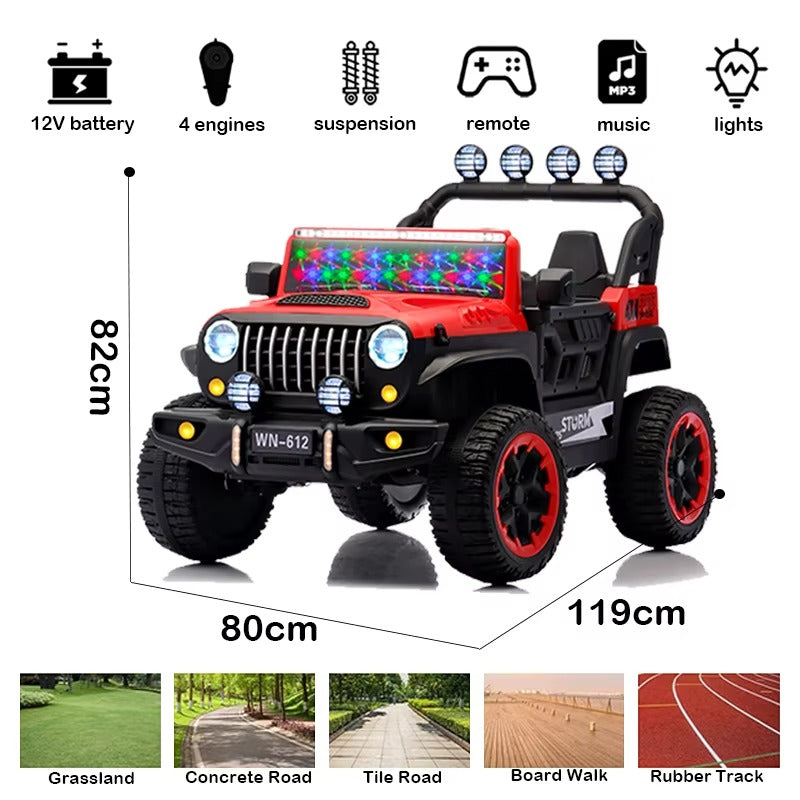 Voiture Électrique Jeep 4x4 2 Places 12V pour Enfants – 4 Moteurs, Télécommande Parentale & Mode Balançoire | 1 à 10 Ans Vert