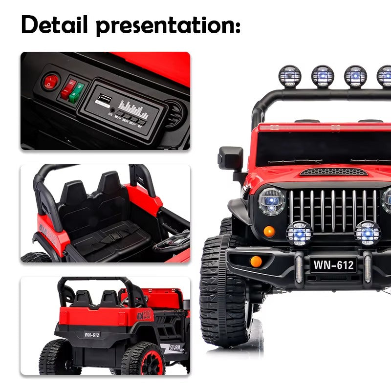 Voiture Électrique Jeep 4x4 2 Places 12V pour Enfants – 4 Moteurs, Télécommande Parentale & Mode Balançoire | 1 à 10 Ans Vert