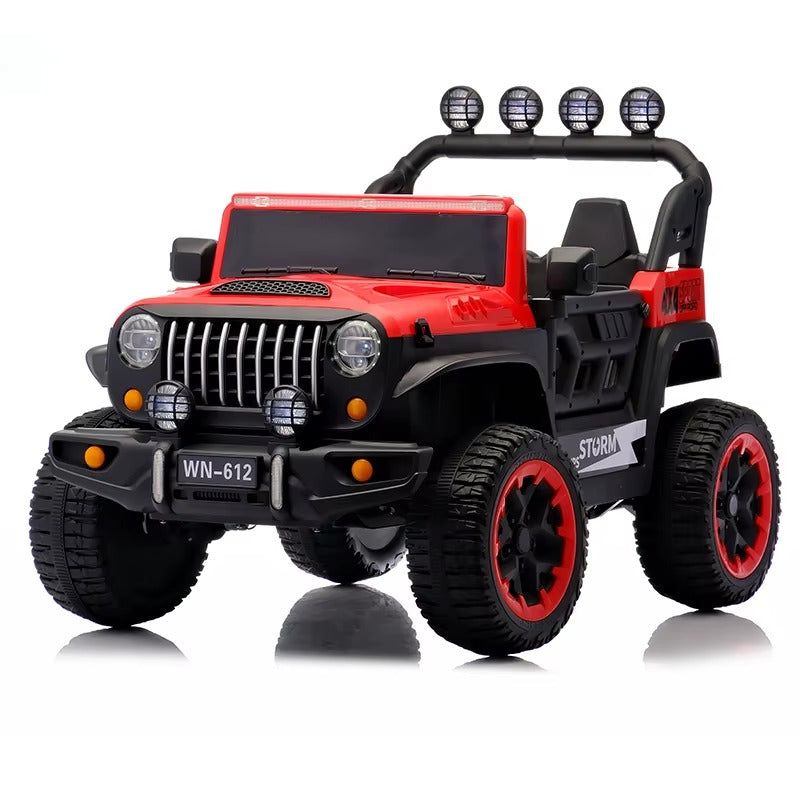 Voiture Électrique Jeep 4x4 2 Places 12V pour Enfants – 4 Moteurs, Télécommande Parentale & Mode Balançoire | 1 à 10 Ans rouge