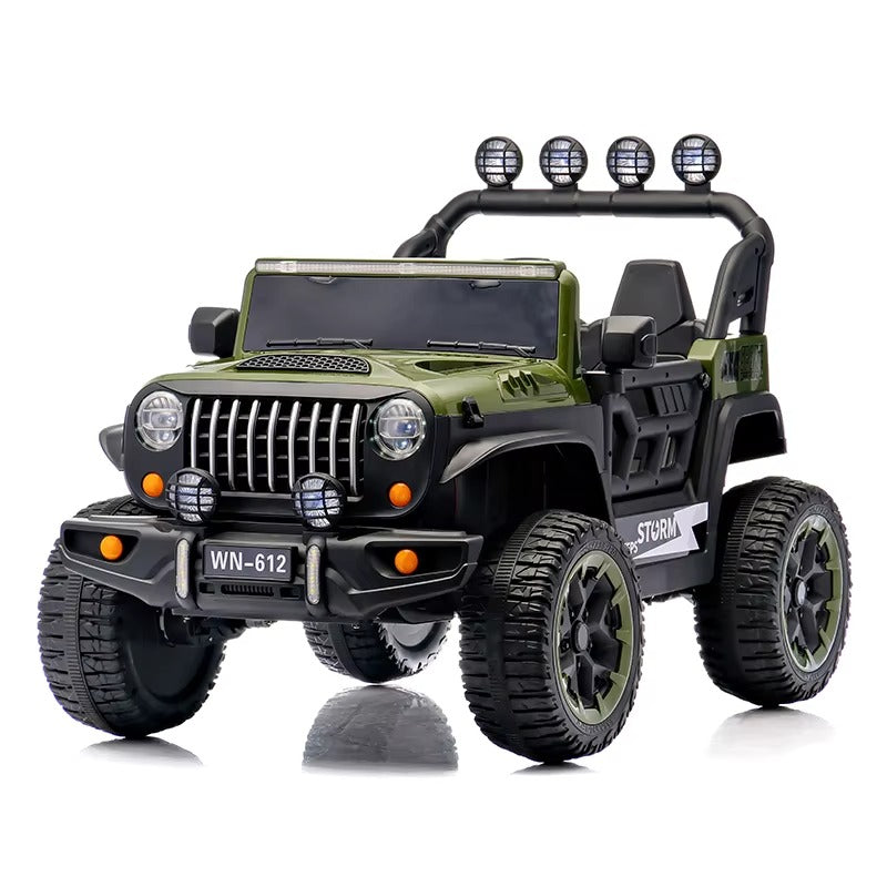 Voiture Électrique Jeep 4x4 2 Places 12V pour Enfants – 4 Moteurs, Télécommande Parentale & Mode Balançoire | 1 à 10 Ans Vert