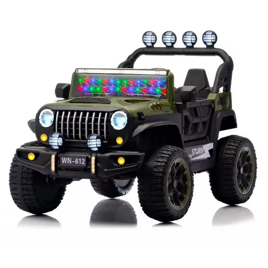 Voiture Électrique Jeep 4x4 2 Places 12V pour Enfants – 4 Moteurs, Télécommande Parentale & Mode Balançoire | 1 à 10 Ans Vert