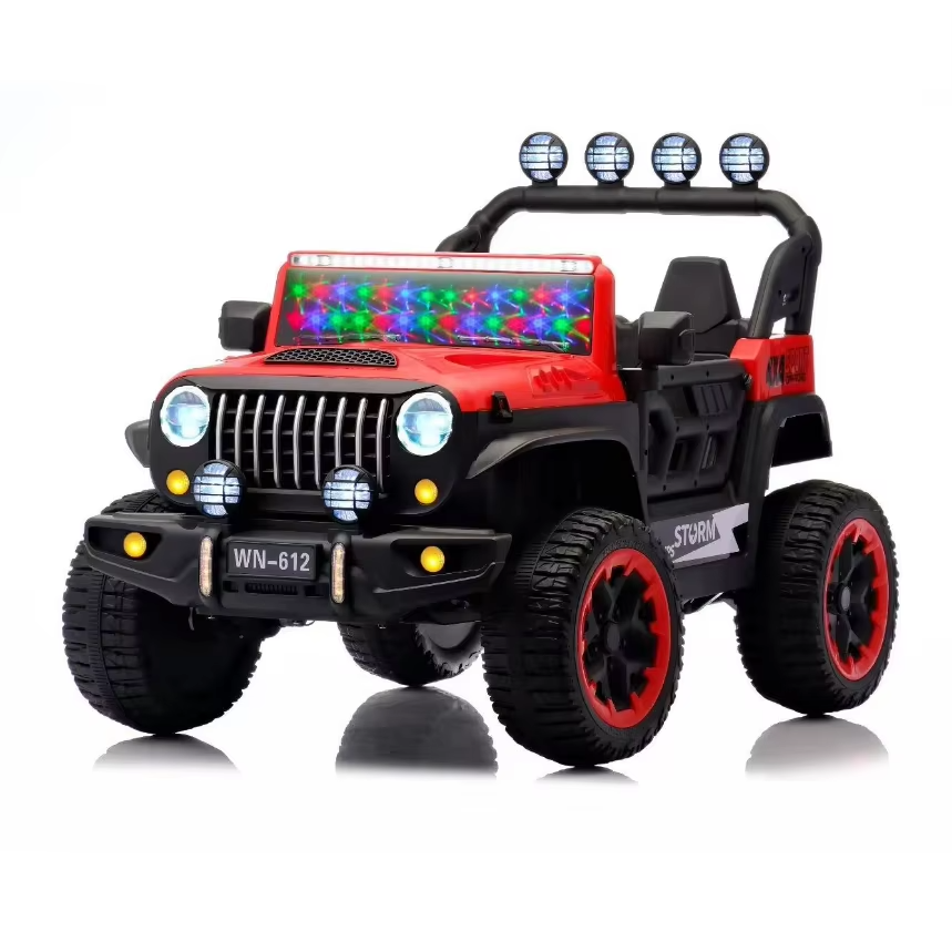 Voiture Électrique Jeep 4x4 2 Places 12V pour Enfants – 4 Moteurs, Télécommande Parentale & Mode Balançoire | 1 à 10 Ans rouge