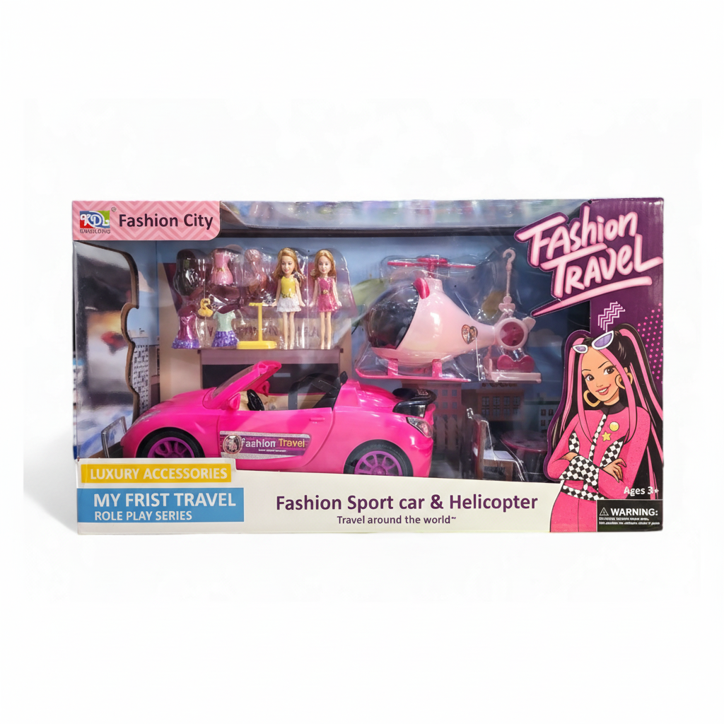 Coffret "Fashion Travel" Deluxe – Voiture de Sport, Hélicoptère et Poupées Mannequins