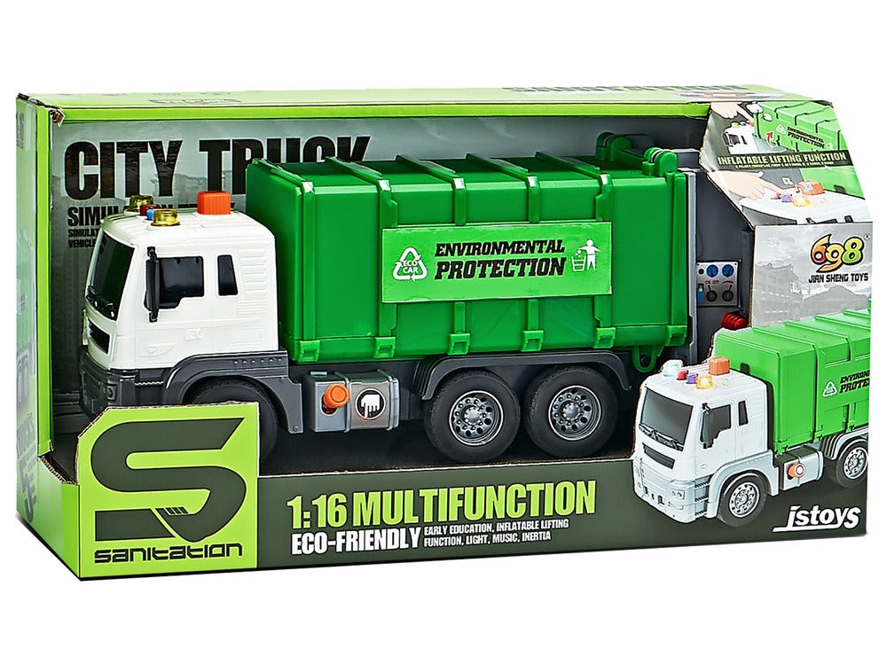 Camion-benne de tri vert à l'échelle 1:16 avec effets sonores à friction
