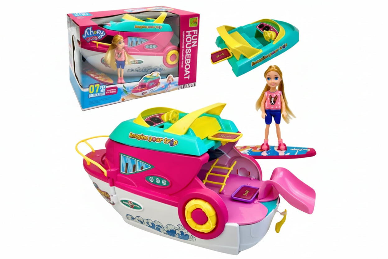 Le Yacht de Croisière "Sunshine" & Poupée – Coffret Houseboat Pliable pour Aventures en Mer